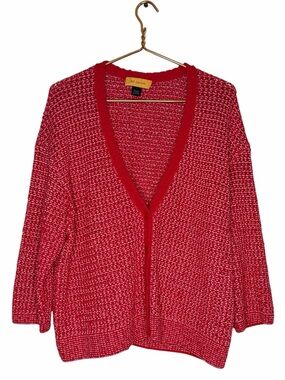 St. John Red Marled V-Neck Open Cardigan